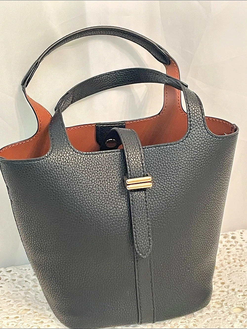a new day Pebbled Faux Leather Bucket Bag with Gold Buckle Detail